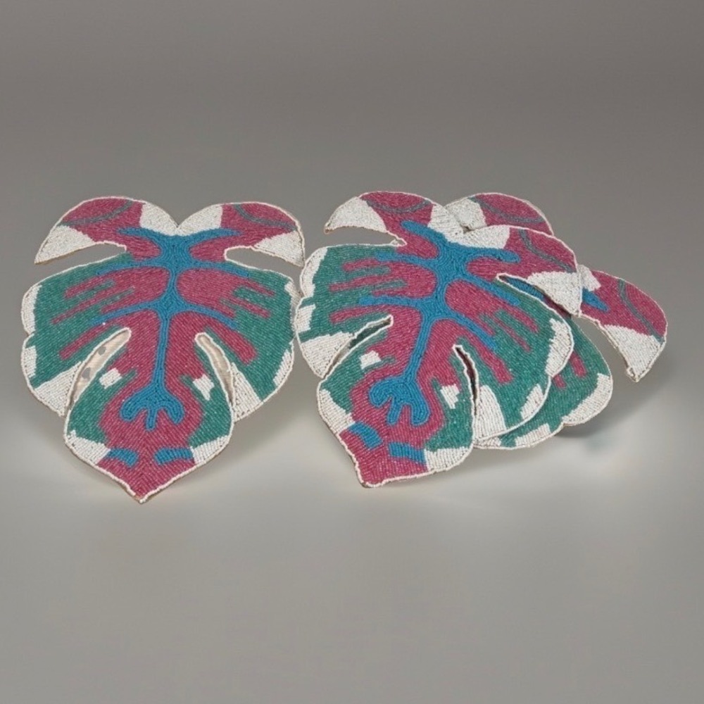 Beaded Monstera Leaf Placemats Tropical Pink Teal Botanical Table India THREE